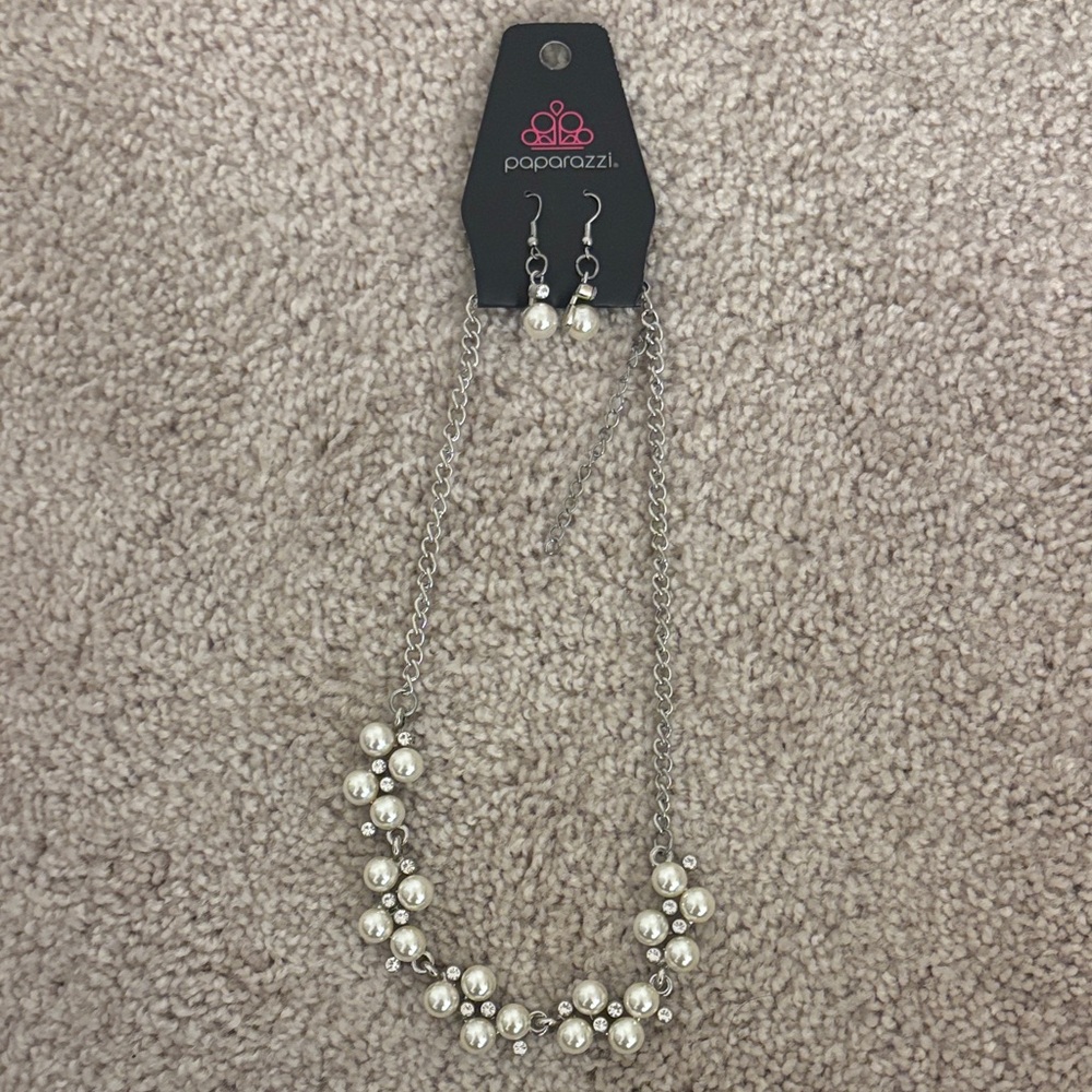 Paparazzi Silver and White Pearl Necklace Set
